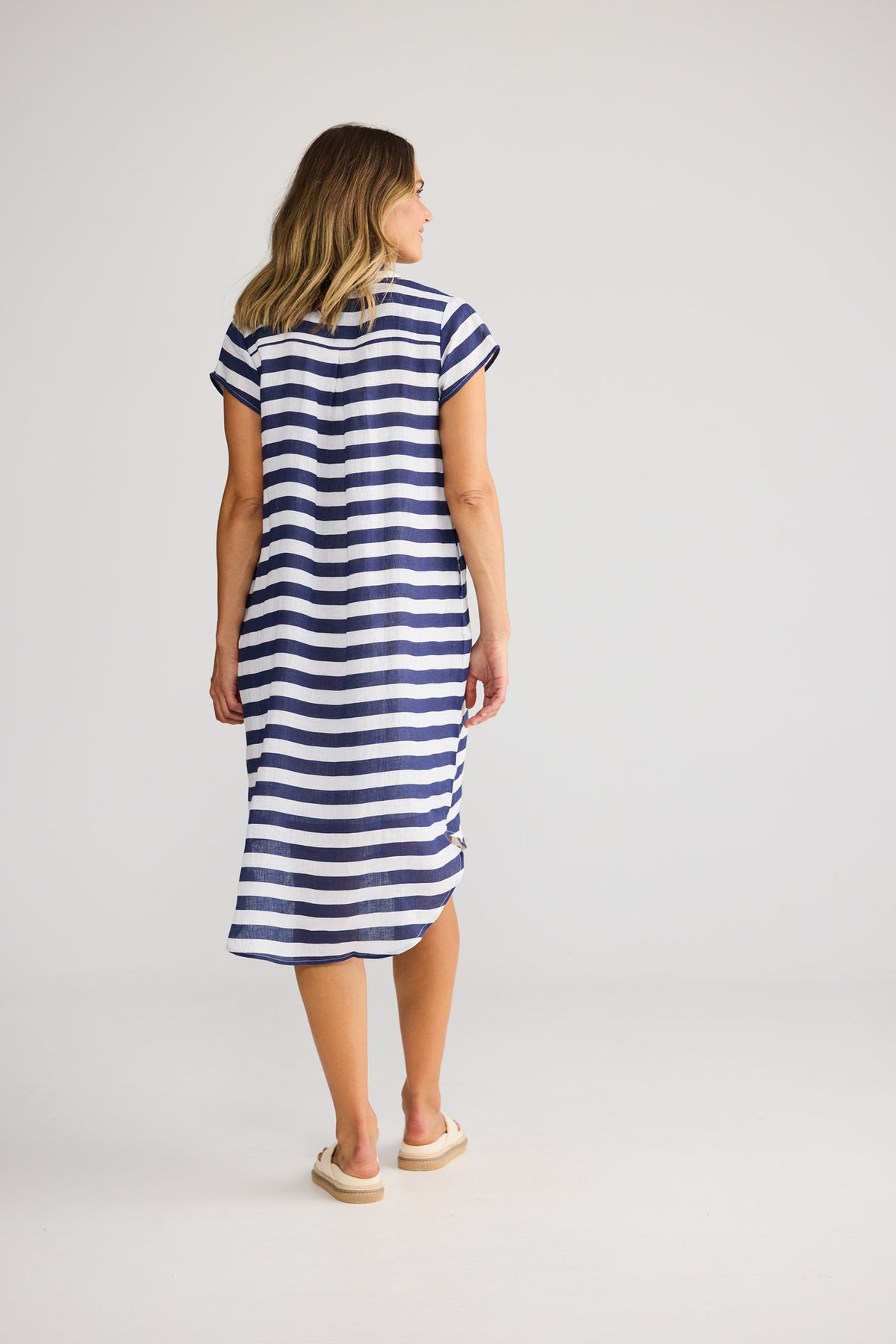 Ahoy Tunic Dress in Navy Stripe with cap sleeves.