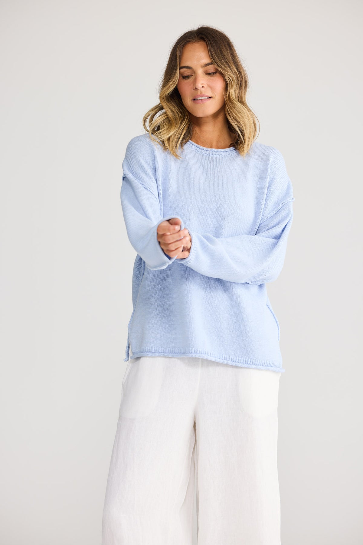Breaker Knit Sweater in Blue with relaxed knit with round neckline.