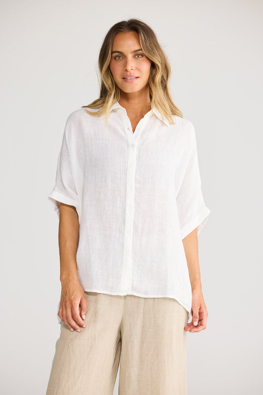 Indigo Shirt in White with collared neckline.