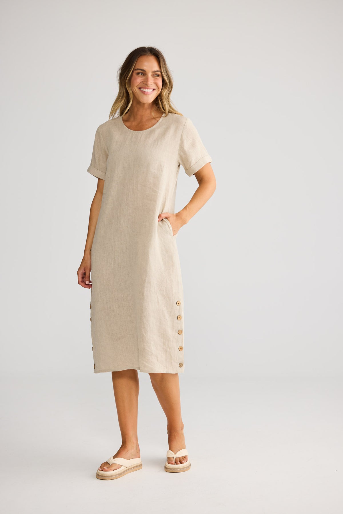 Foreshore Dress in Natural Linen with round neckline.