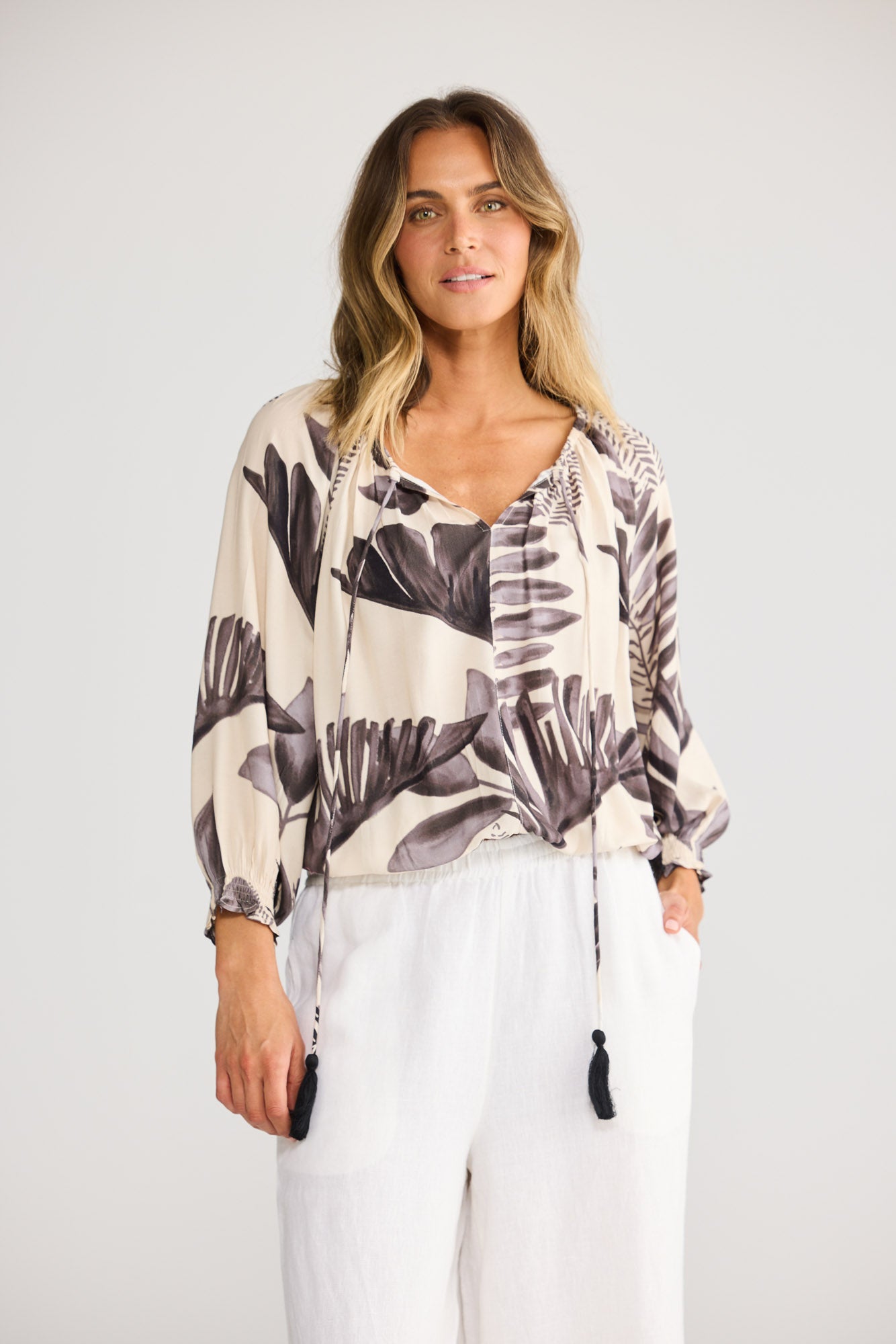 Seaside Top in Sunset Palm with round neckline.