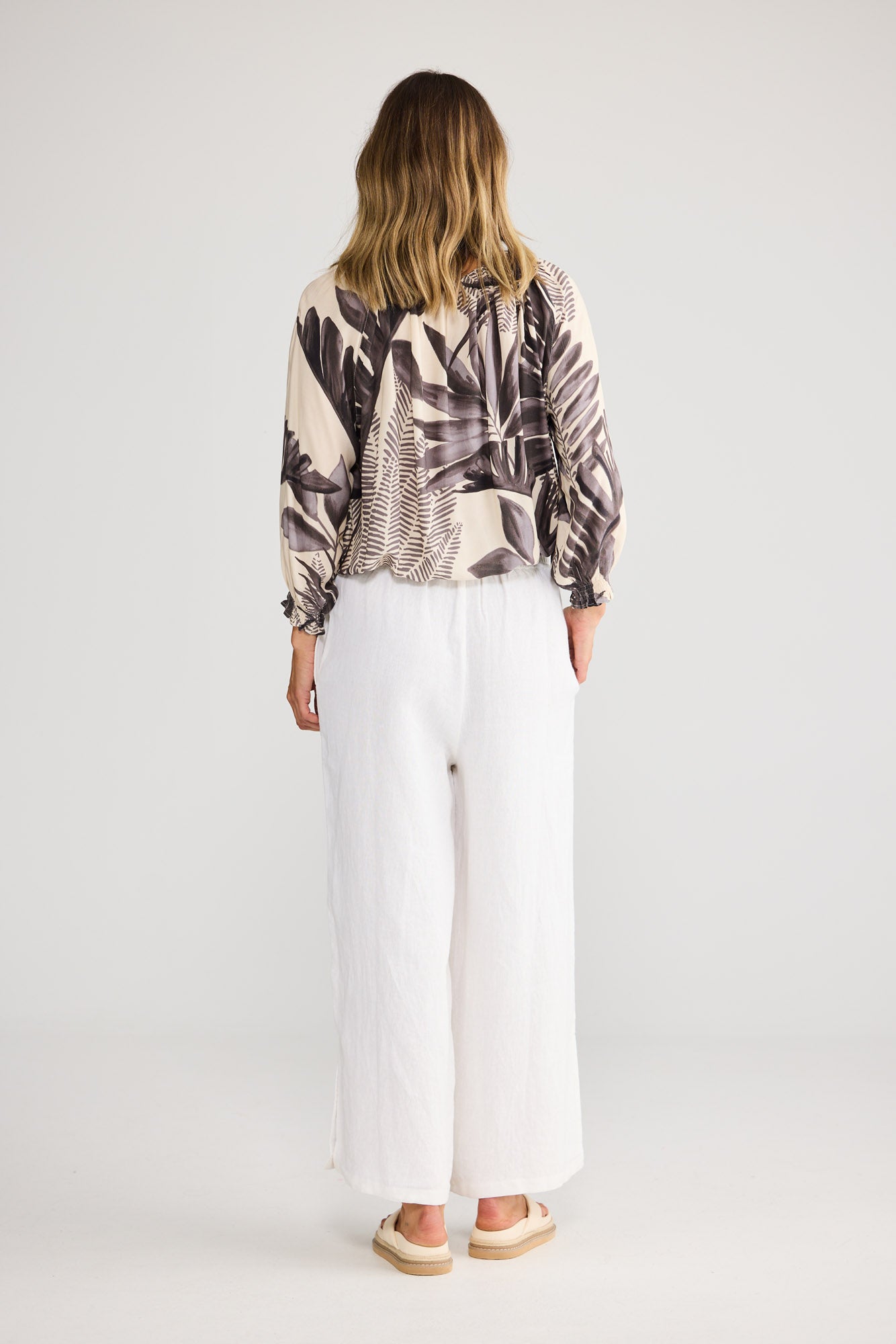Seaside Top in Sunset Palm with neck tie with tassels.