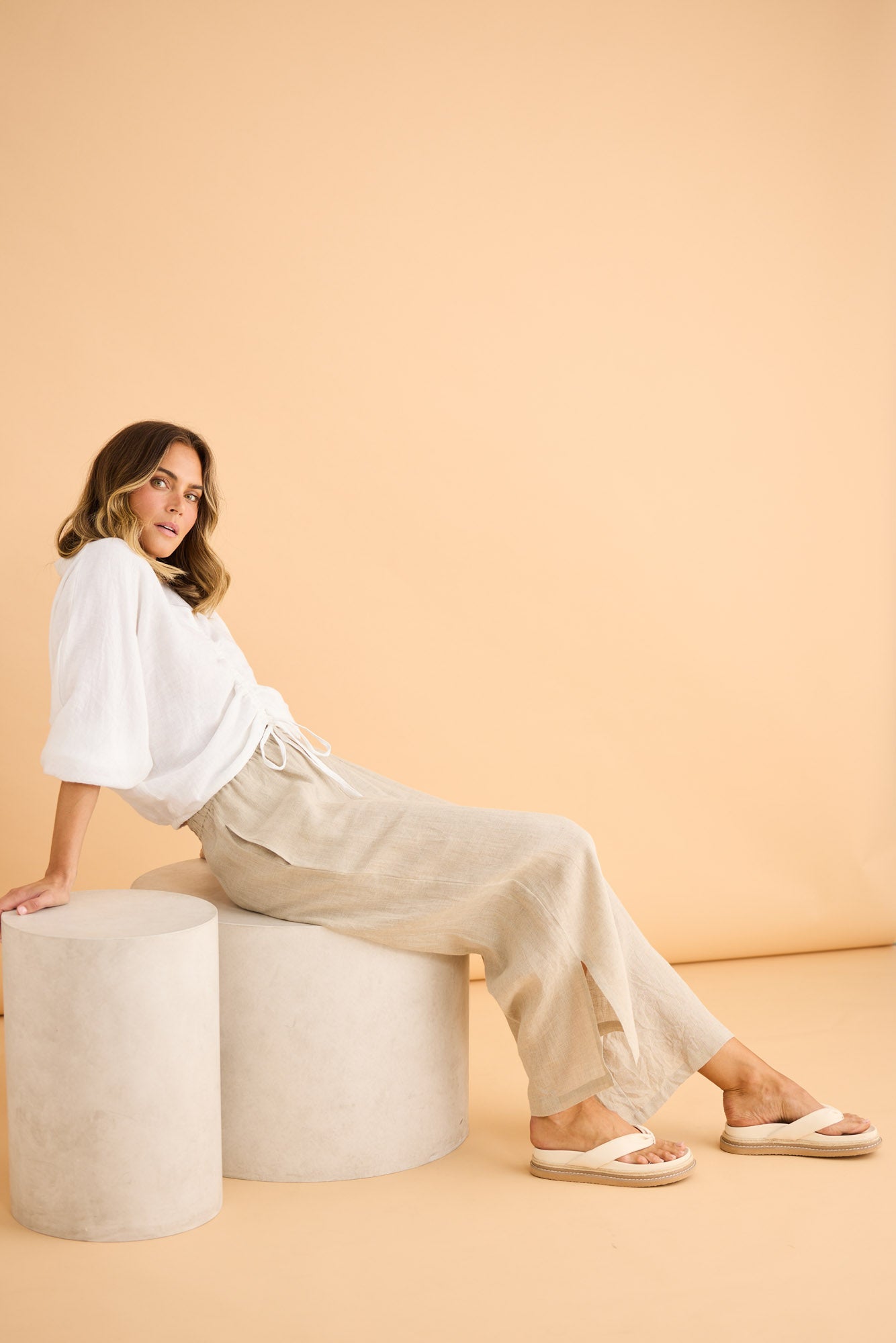 Fly Away Pant in Natural Linen with full length.