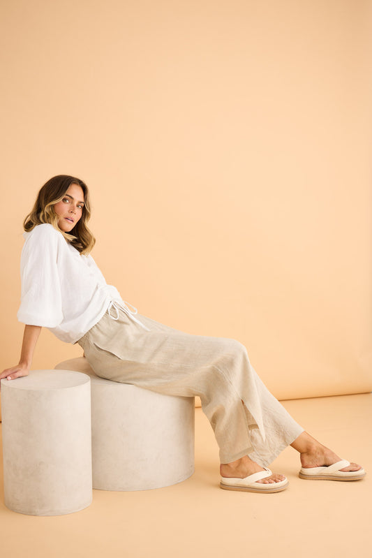 Fly Away Pant in Natural Linen with full length.
