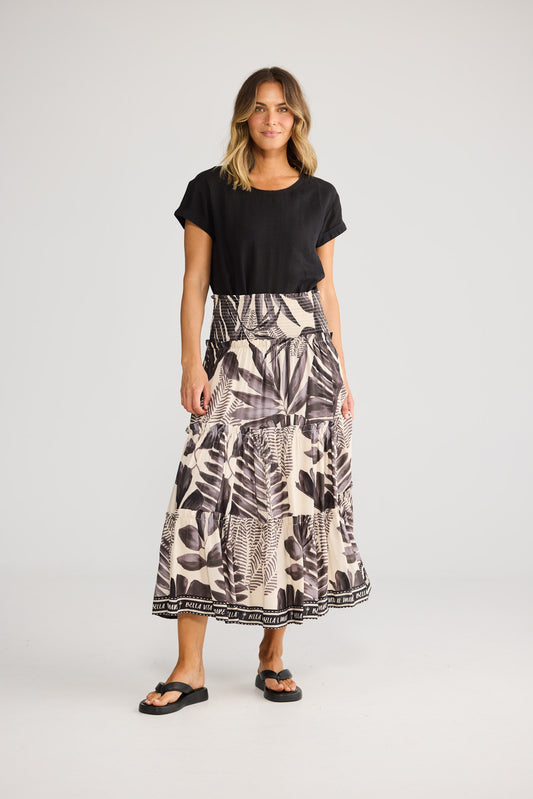 Pier Skirt in Sunset Palm with tiered skirt design with ruffle trim.