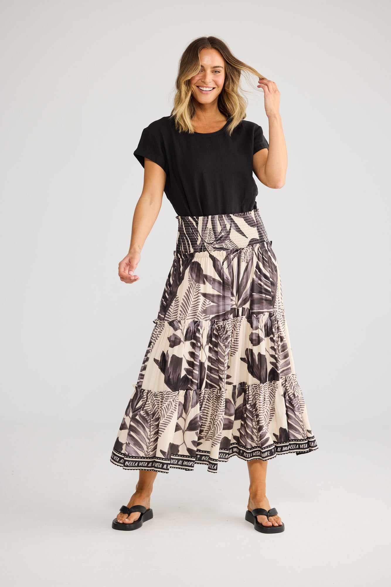 Pier Skirt in Sunset Palm with shirred waist panel.