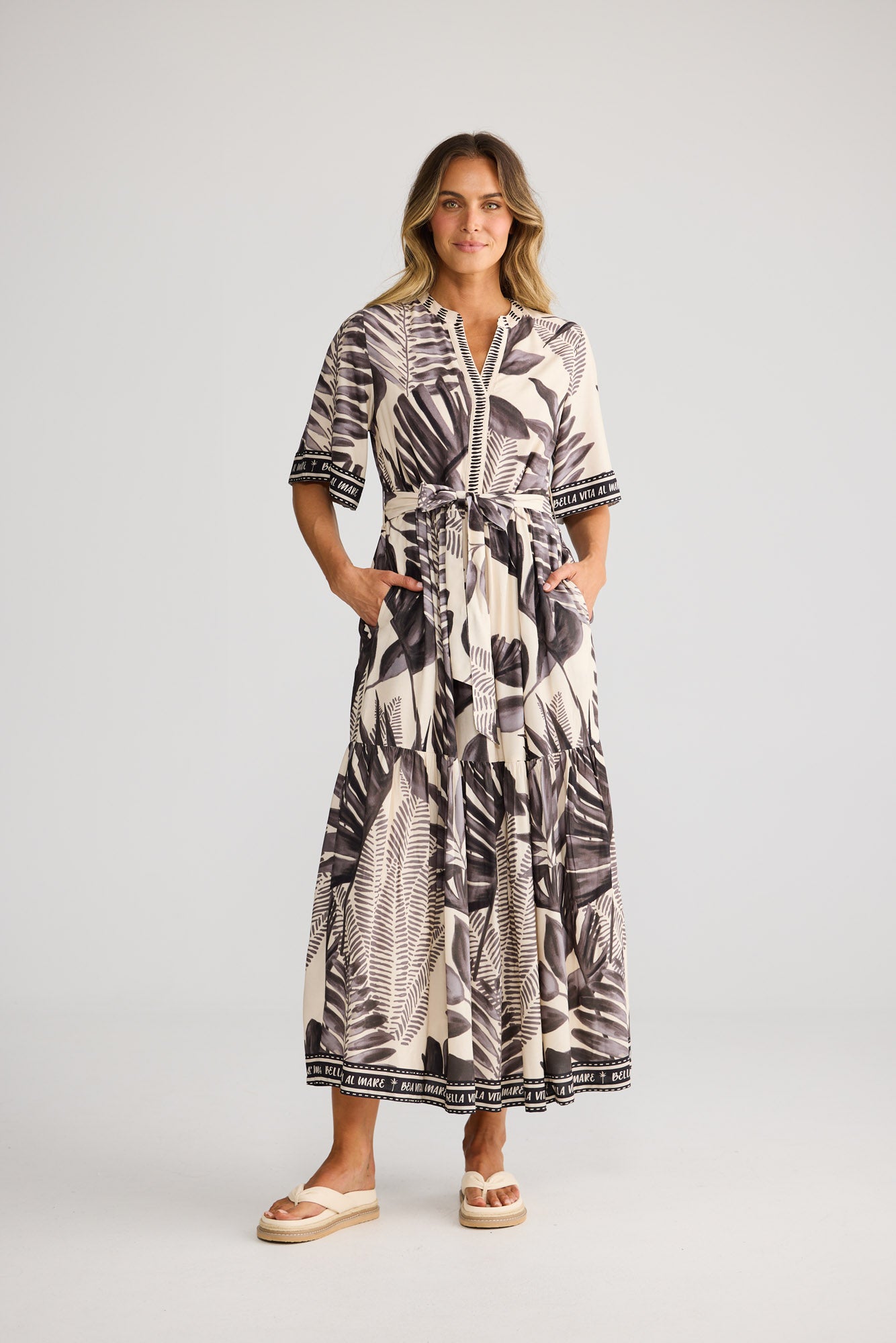 Lynwood Dress in Sunset Palm with v-neckline.