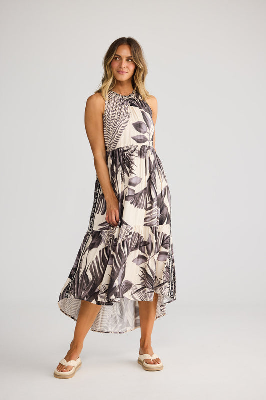 Margot Dress in Sunset Palm with gathered neckline.