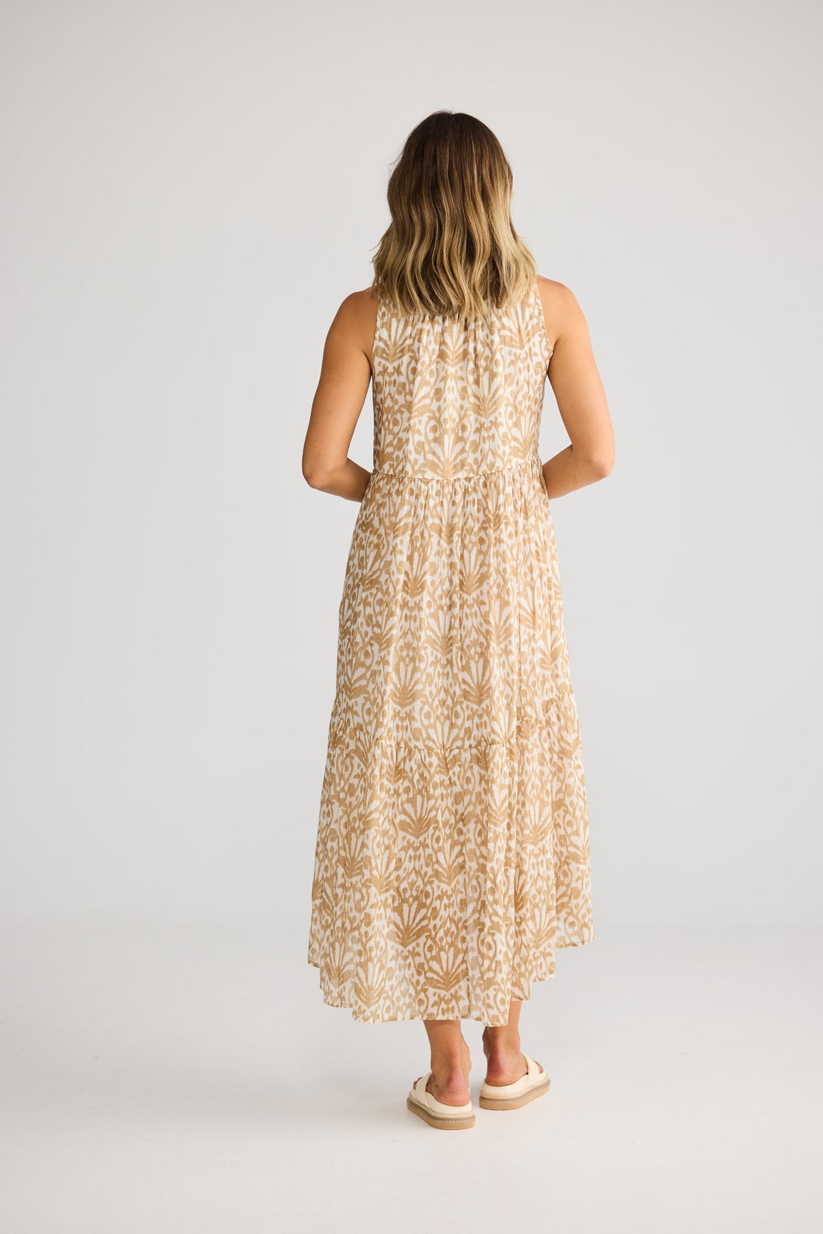 Margot Dress in Taupe Spring Fan with gathered neckline.