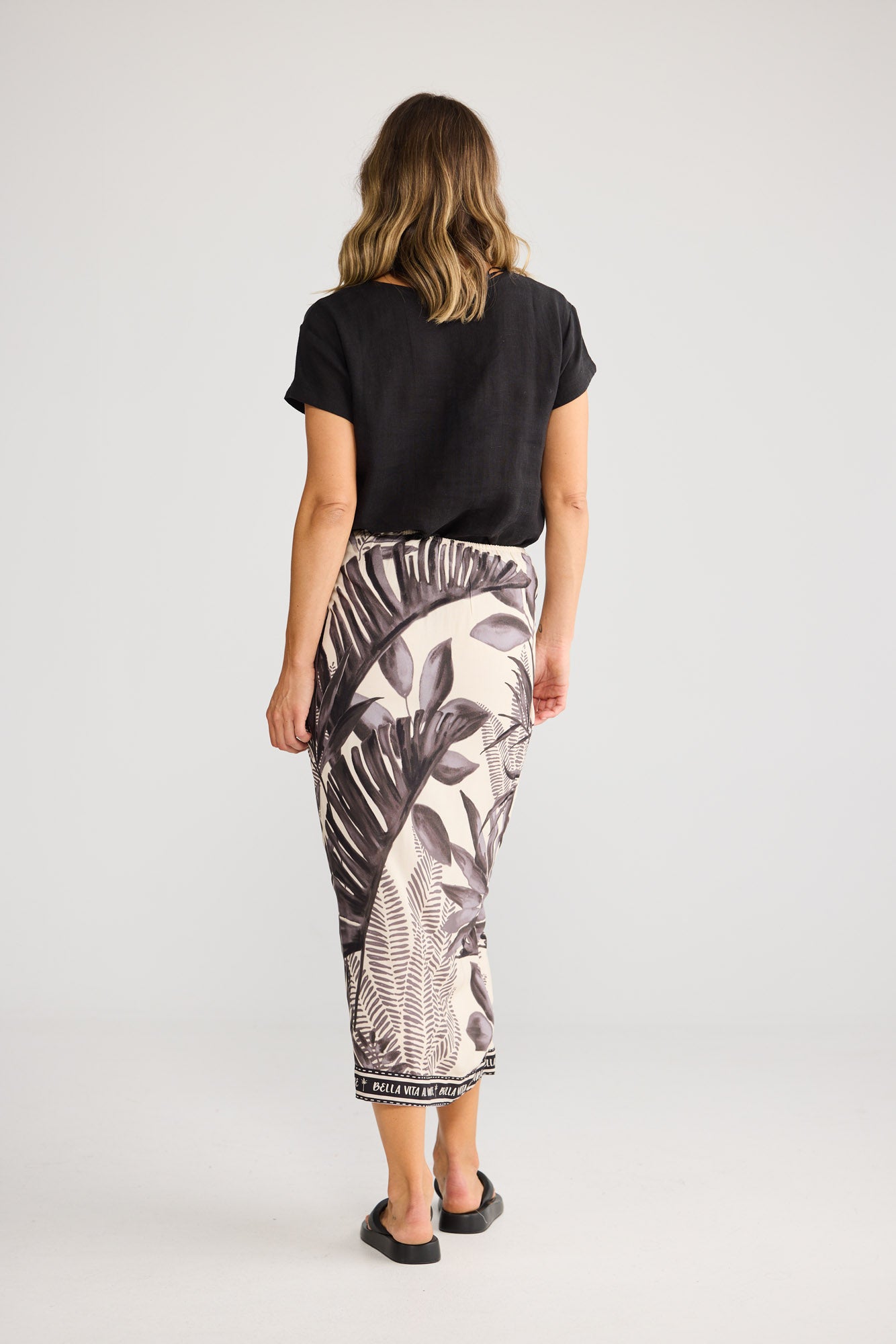 Ocean Sarong Skirt in Sunset Palm with midi length.