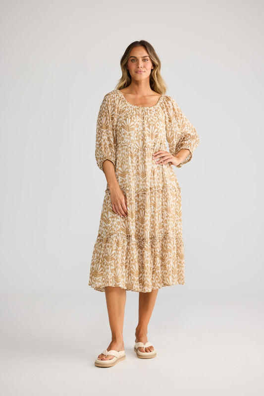 Grenadine Dress in Taupe Spring Fan with round neckline.