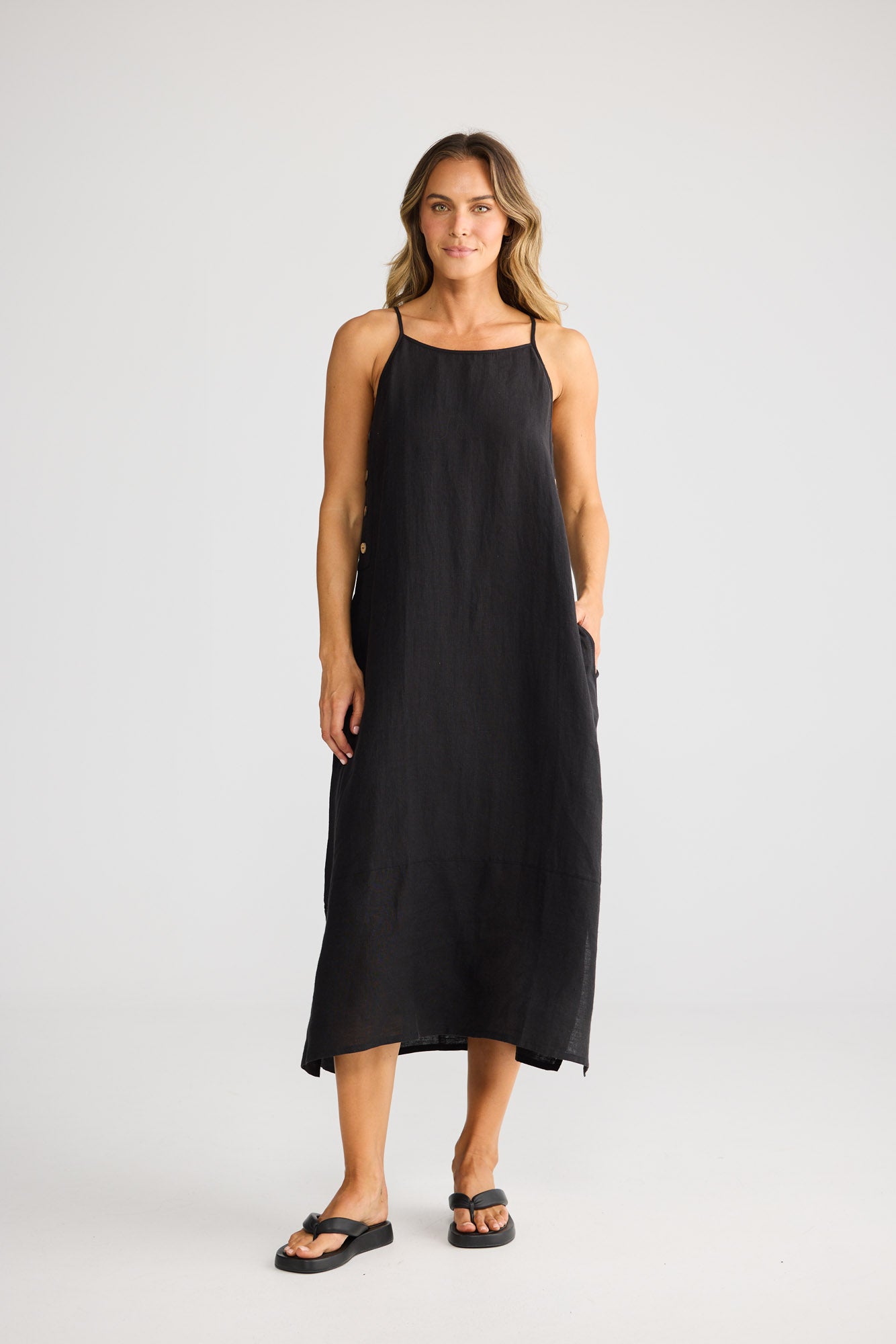 Cliffside Maxi Dress in Black with adjustable straps.
