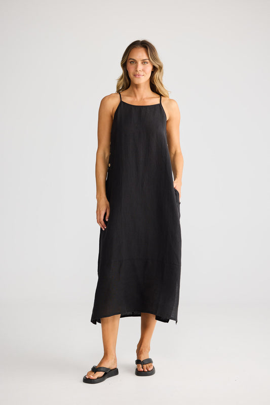 Cliffside Maxi Dress in Black with adjustable straps.