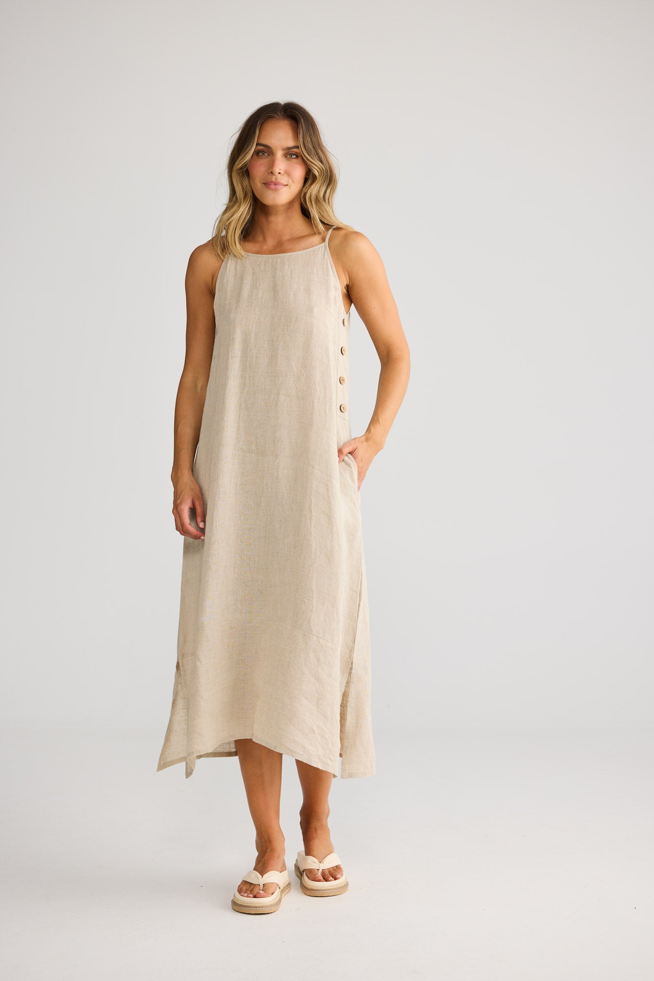 Cliffside Maxi Dress in Natural Linen with side seam pockets.