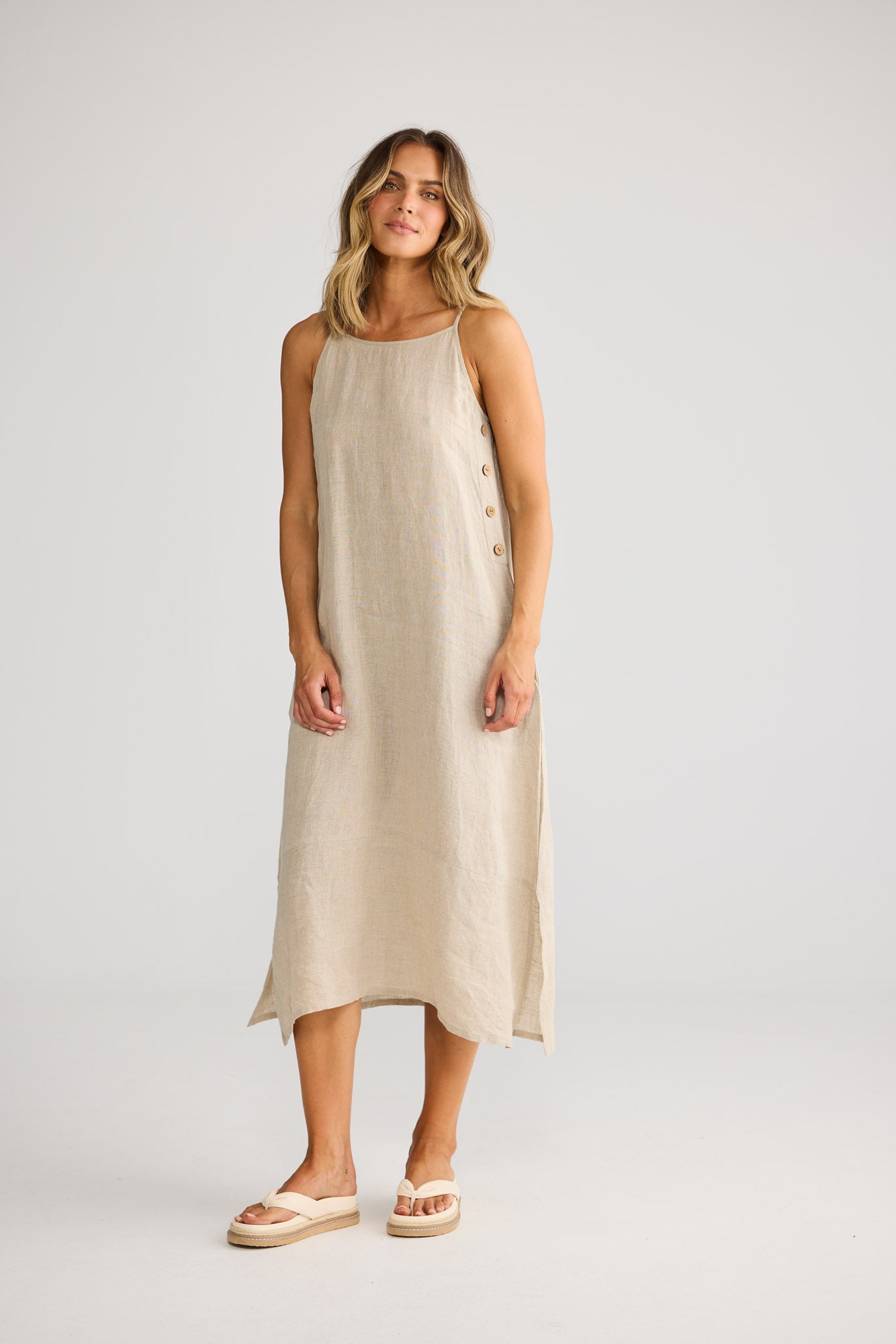 Cliffside Maxi Dress in Natural Linen with adjustable straps.