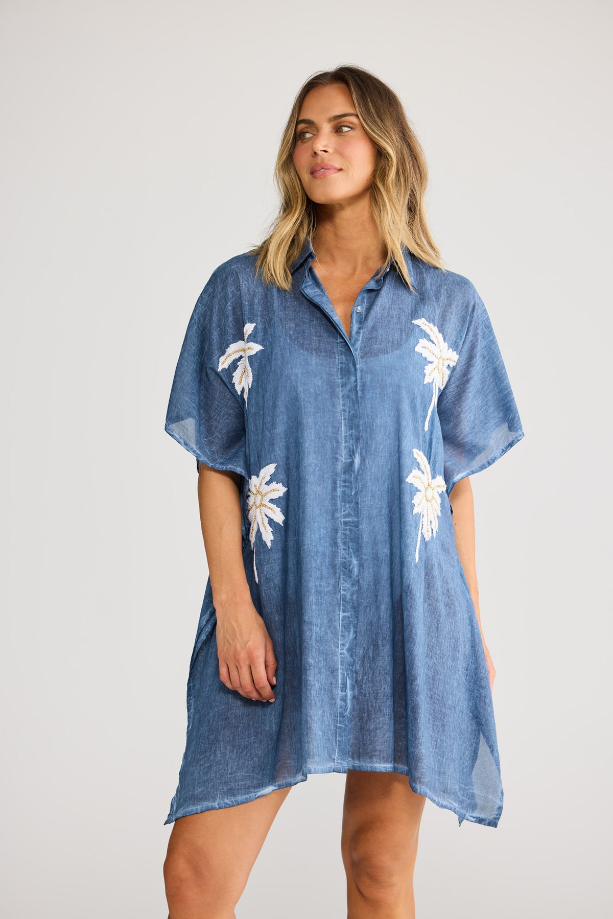 Halia Shirt Kaftan in Navy with concealed button front closure.