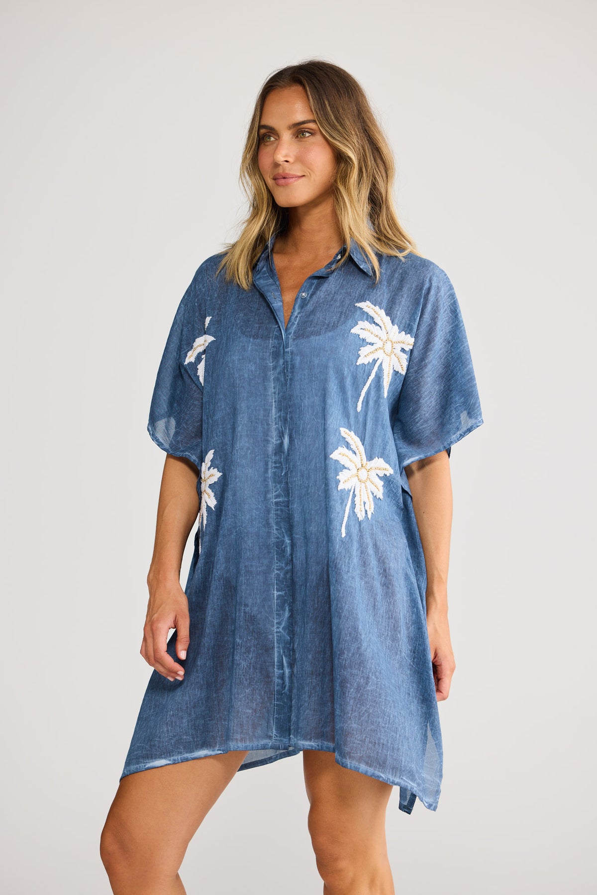 Halia Shirt Kaftan in Navy with relaxed shirt kaftan with short sleeve.