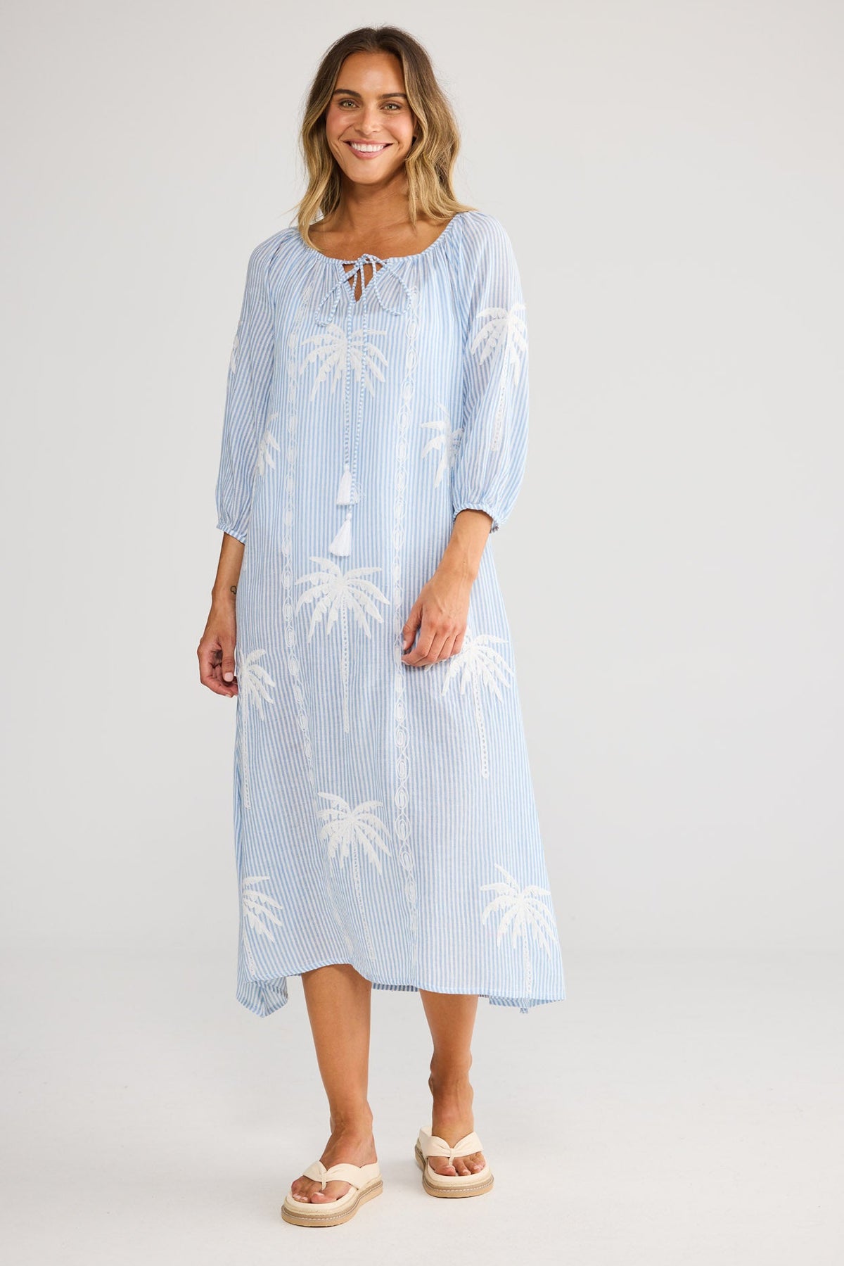 Ohana Dress in Blue Stripe with three quarter sleeves with elasticated cuff.