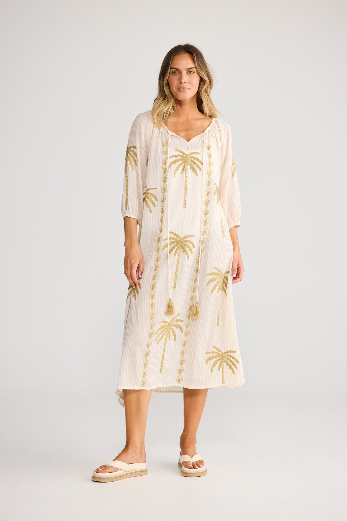 Ohana Dress in Natural Stripe with three quarter sleeves with elasticated cuff.