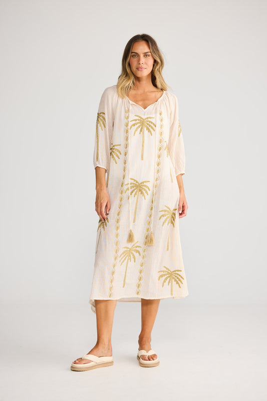 Ohana Dress in Natural Stripe with three quarter sleeves with elasticated cuff.