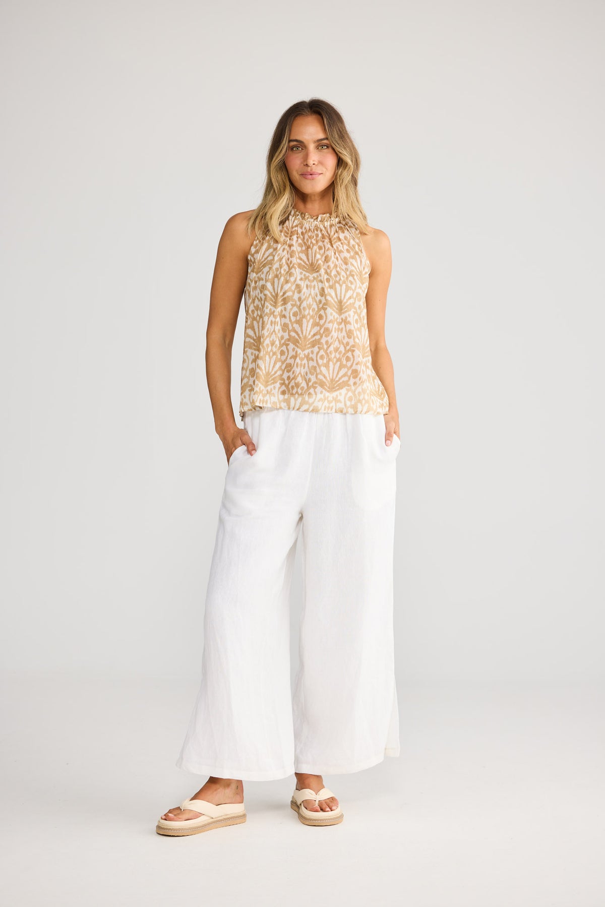 Margot Top in Taupe Spring Fan with sleeveless.