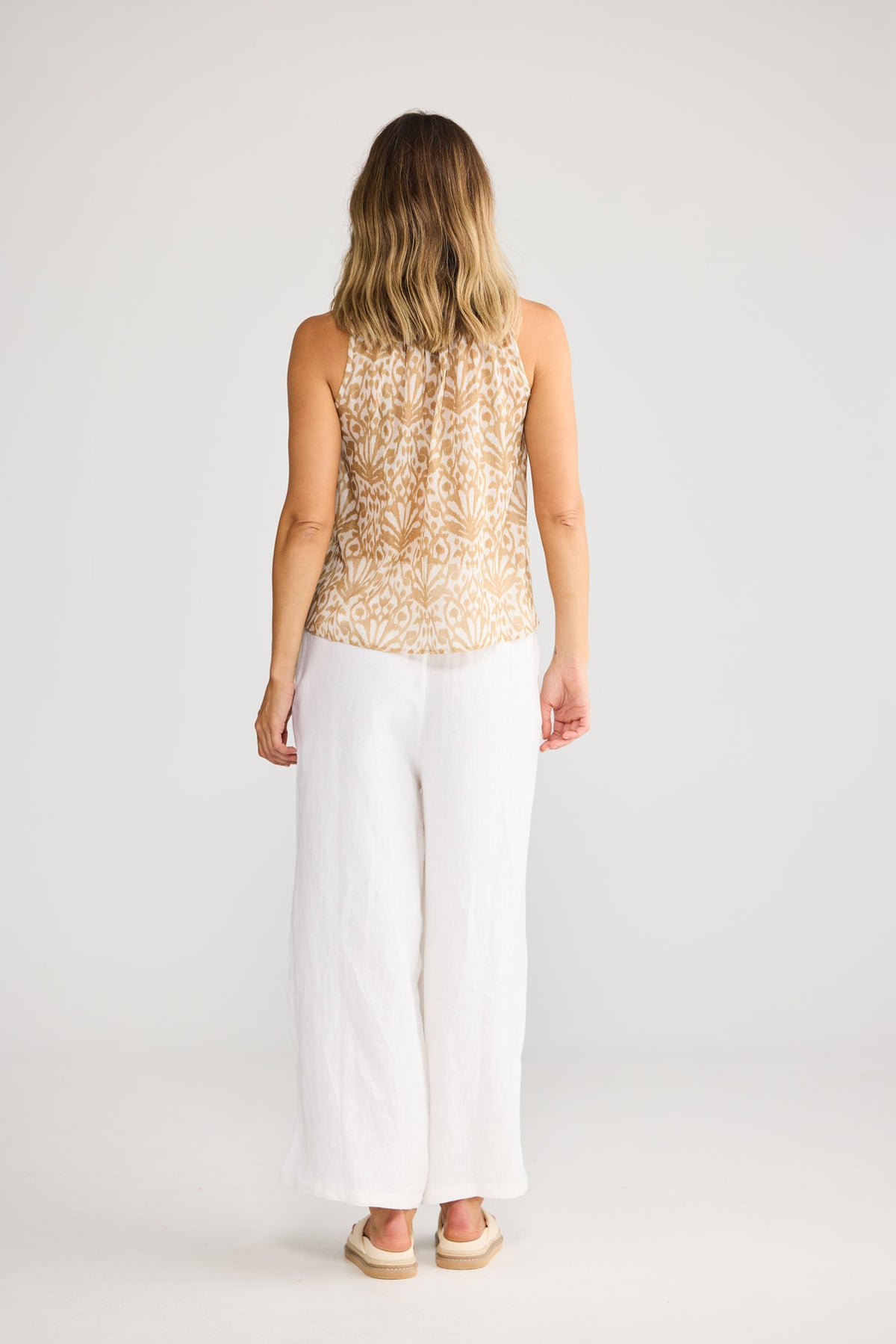 Margot Top in Taupe Spring Fan with elasticated front and back neckline.