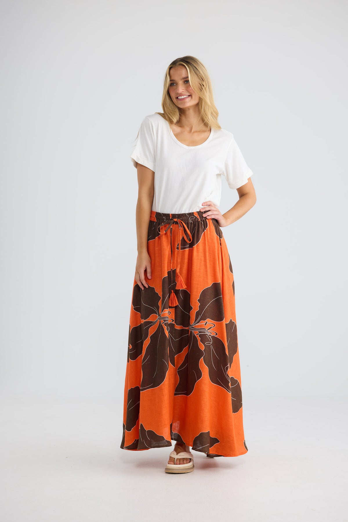 Carousel Skirt in Hibiscus Breeze with full length maxi skirt.