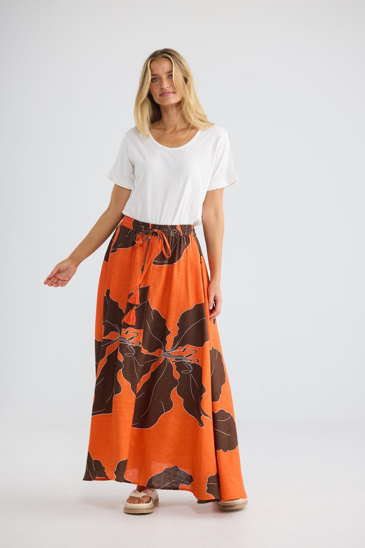 Carousel Skirt in Hibiscus Breeze with elasticated waist with drawstring and tassels.