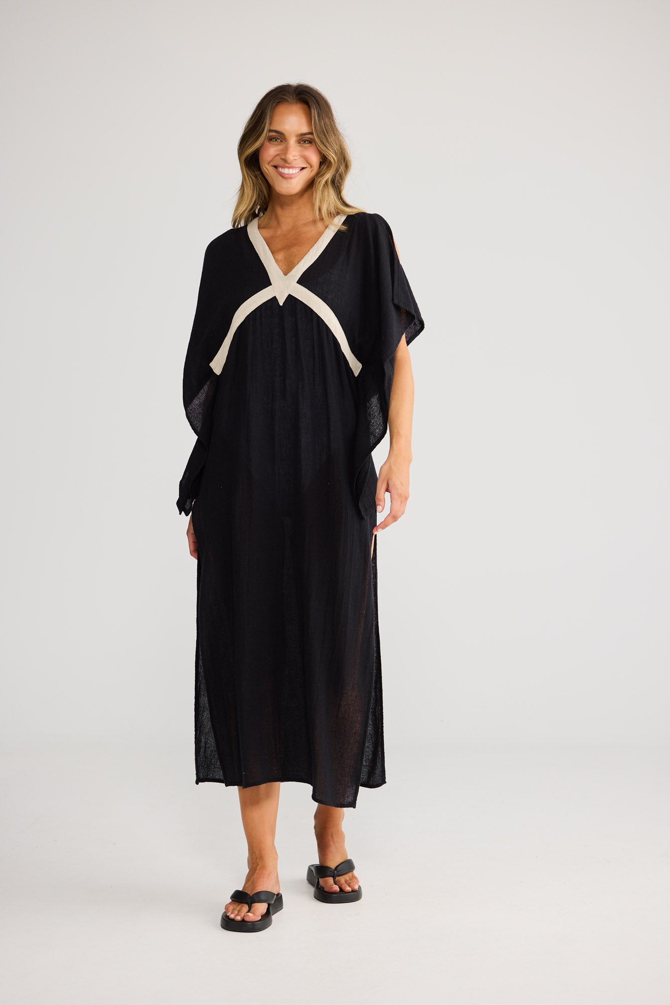 Luma Kaftan in Black with Natural, featuring v-neckline.
