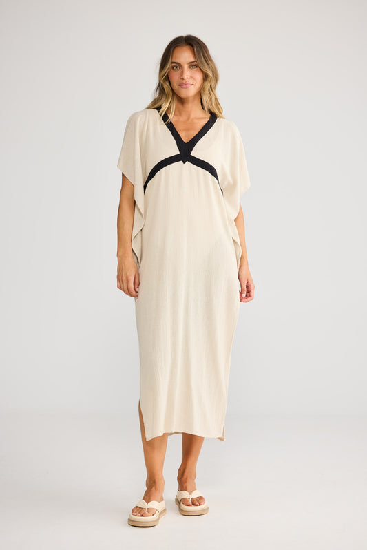 Luma Kaftan in Natural with Black, featuring shoulder splits.