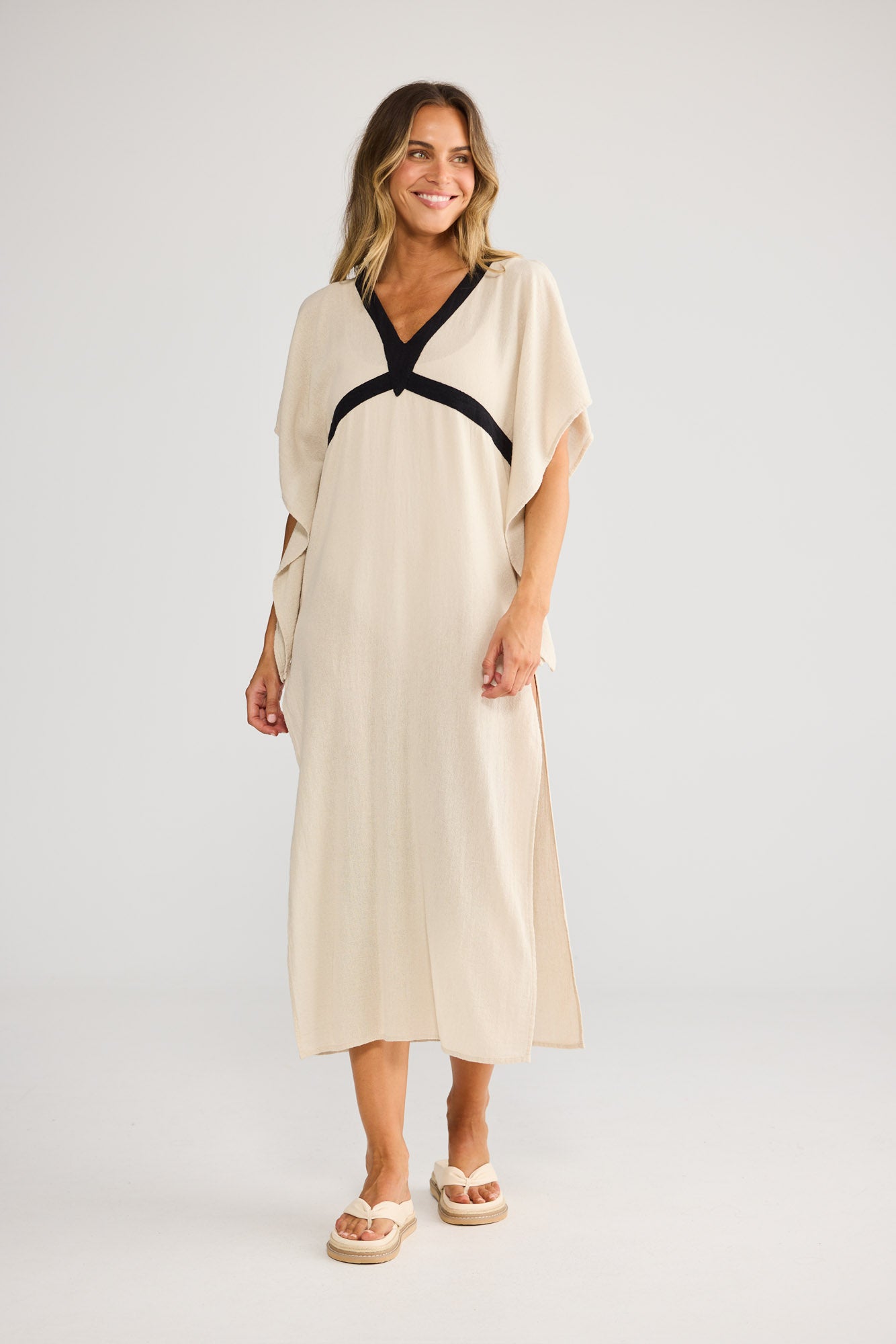 Luma Kaftan in Natural with Black, featuring v-neckline.