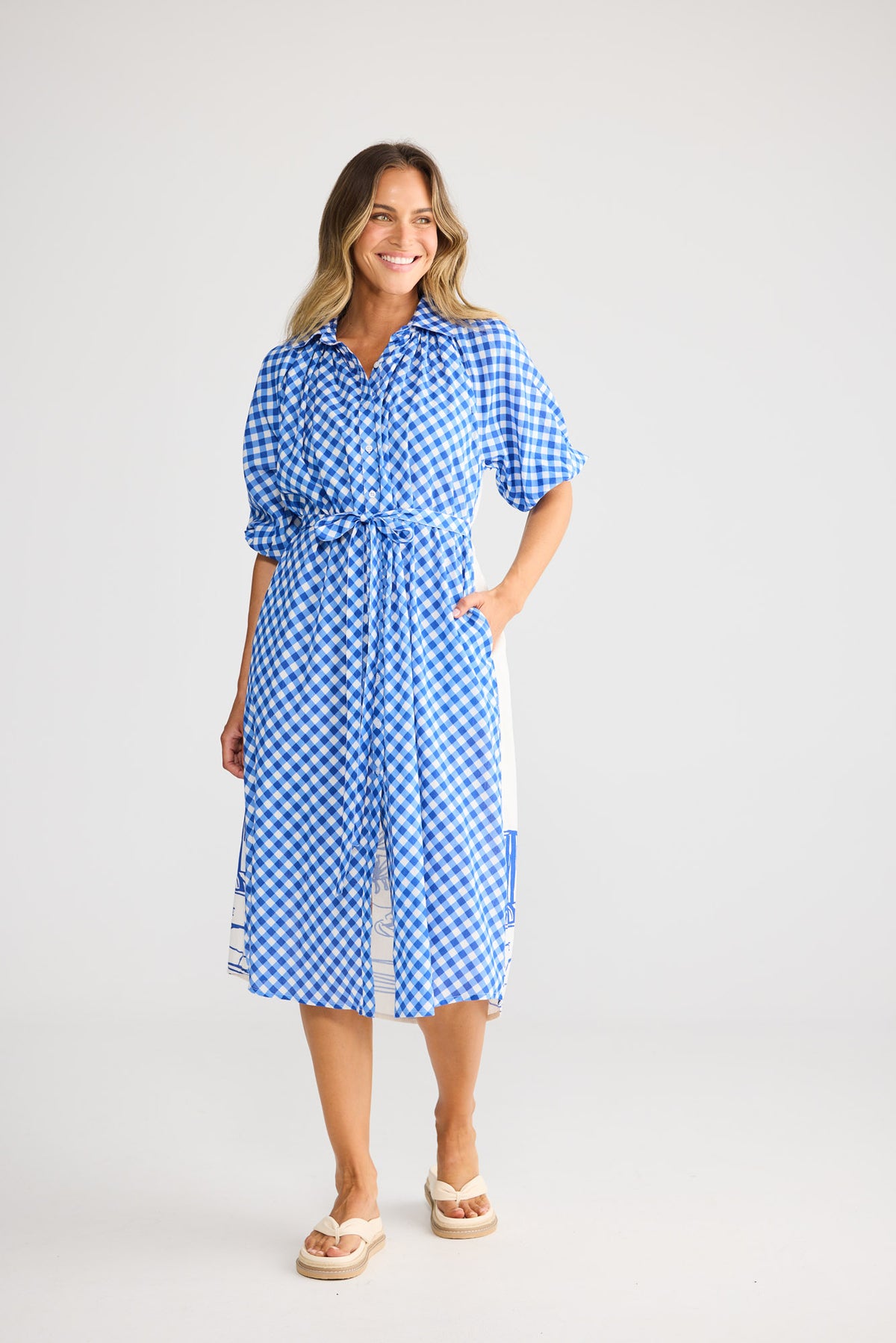 Somara Dress in Blue Check with Villa Print — additional view 2.