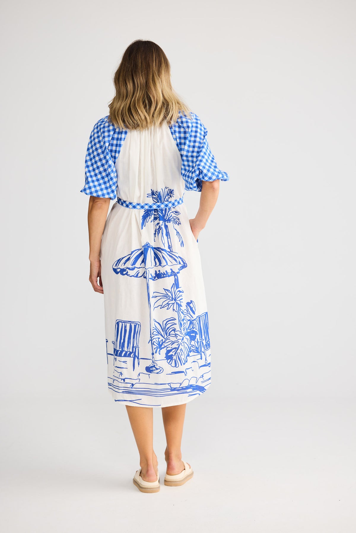 Somara Dress in Blue Check with Villa Print, featuring short sleeve with elasticated cuff.