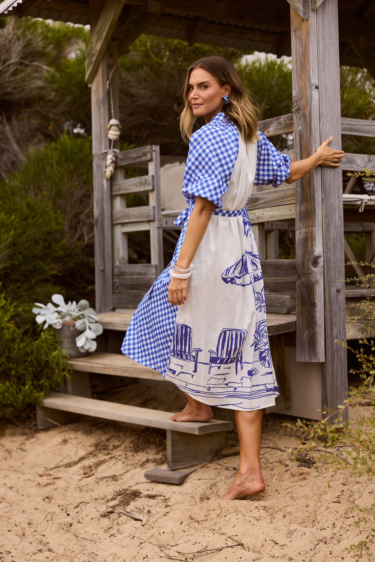 Somara Dress in Blue Check with Villa Print, featuring button front opening.