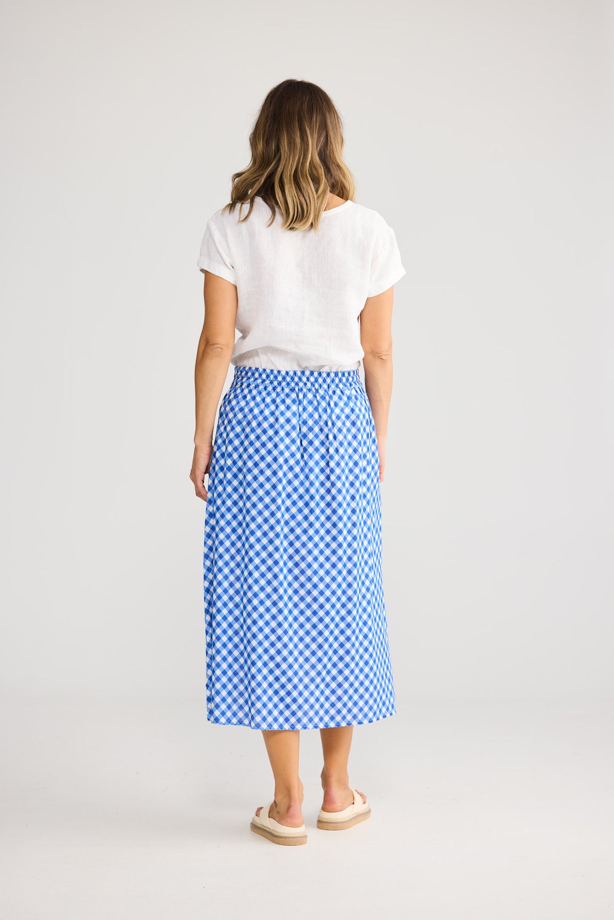 Somara Skirt in Blue Check with Villa Print, featuring elasticated waistband with drawstring.