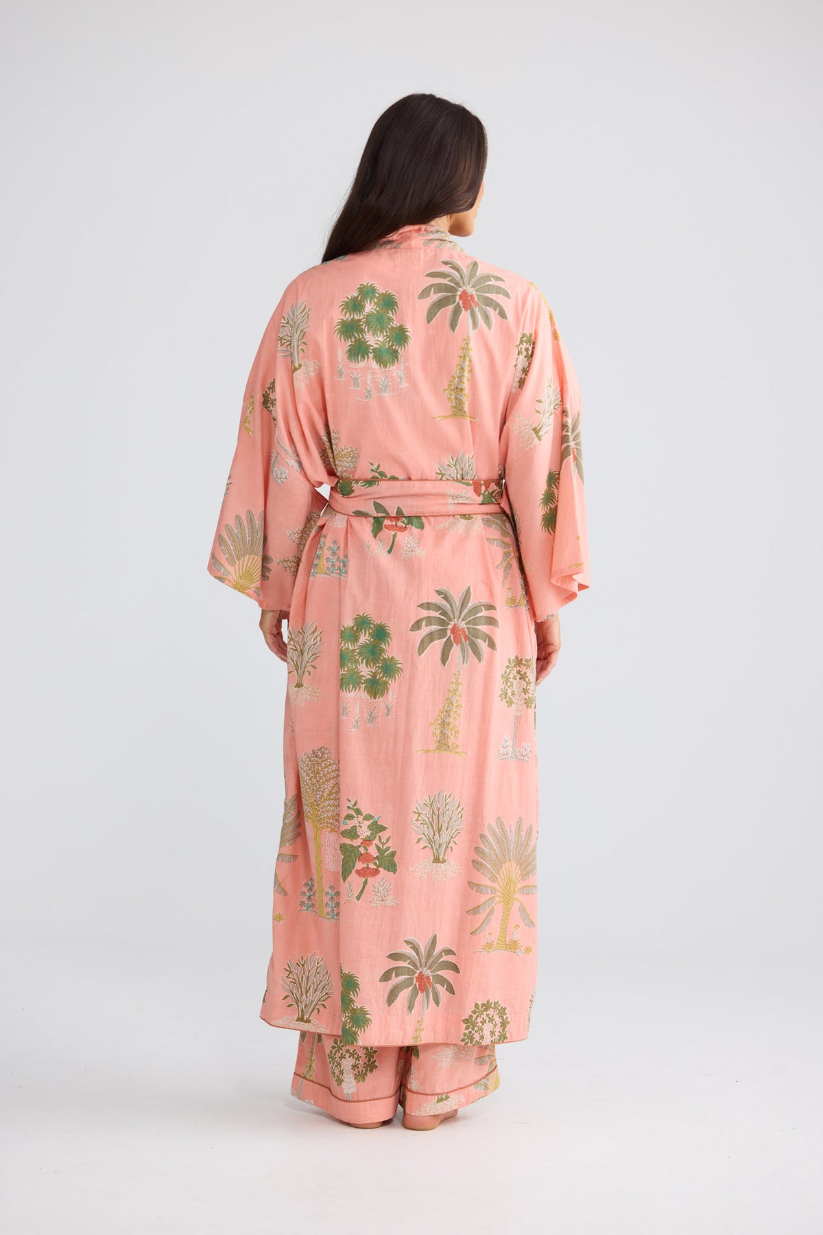 Namaste Robe in Baby Pink Palm with a classic kimono shape.