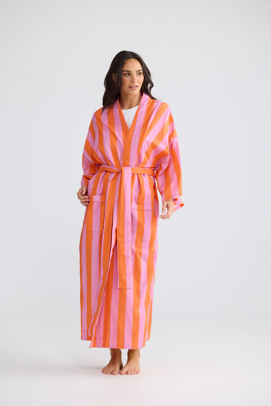 Namaste Robe in Lilac with Orange Stripe, featuring a waist tie.
