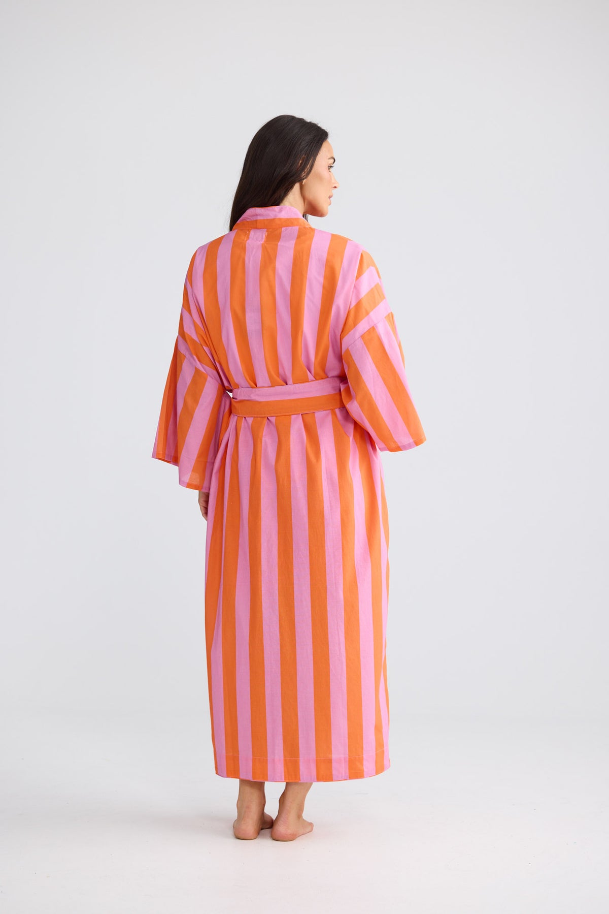 Namaste Robe in Lilac with Orange Stripe, featuring a classic kimono shape.