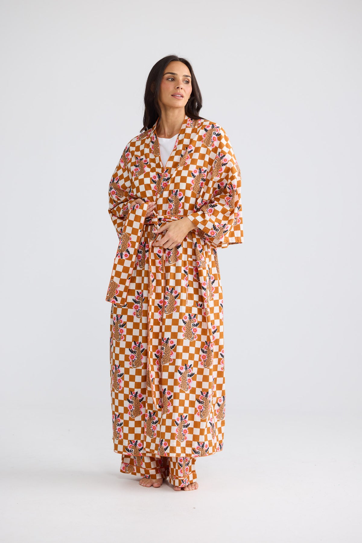 Namaste Robe in Tiger Check with a waist tie.