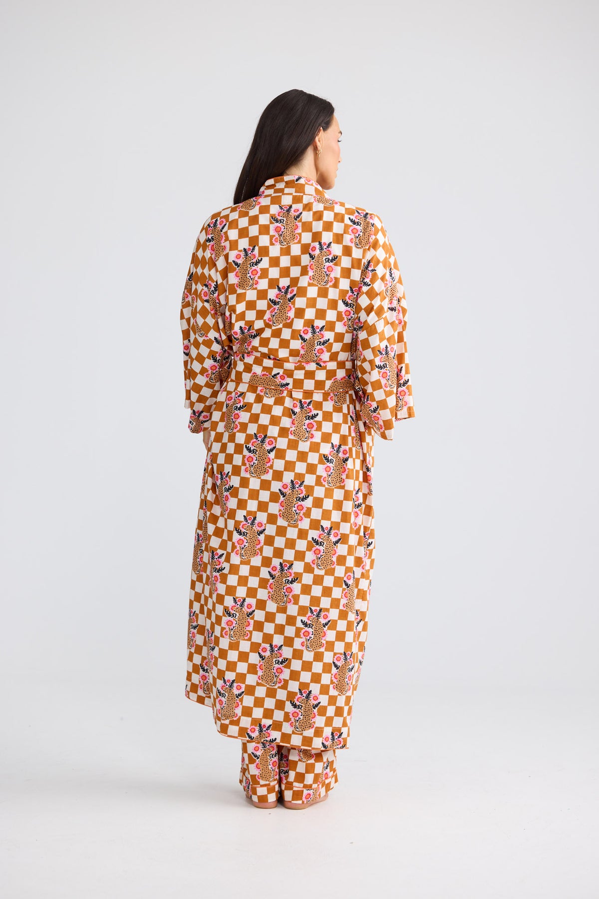 Namaste Robe in Tiger Check with a classic kimono shape.