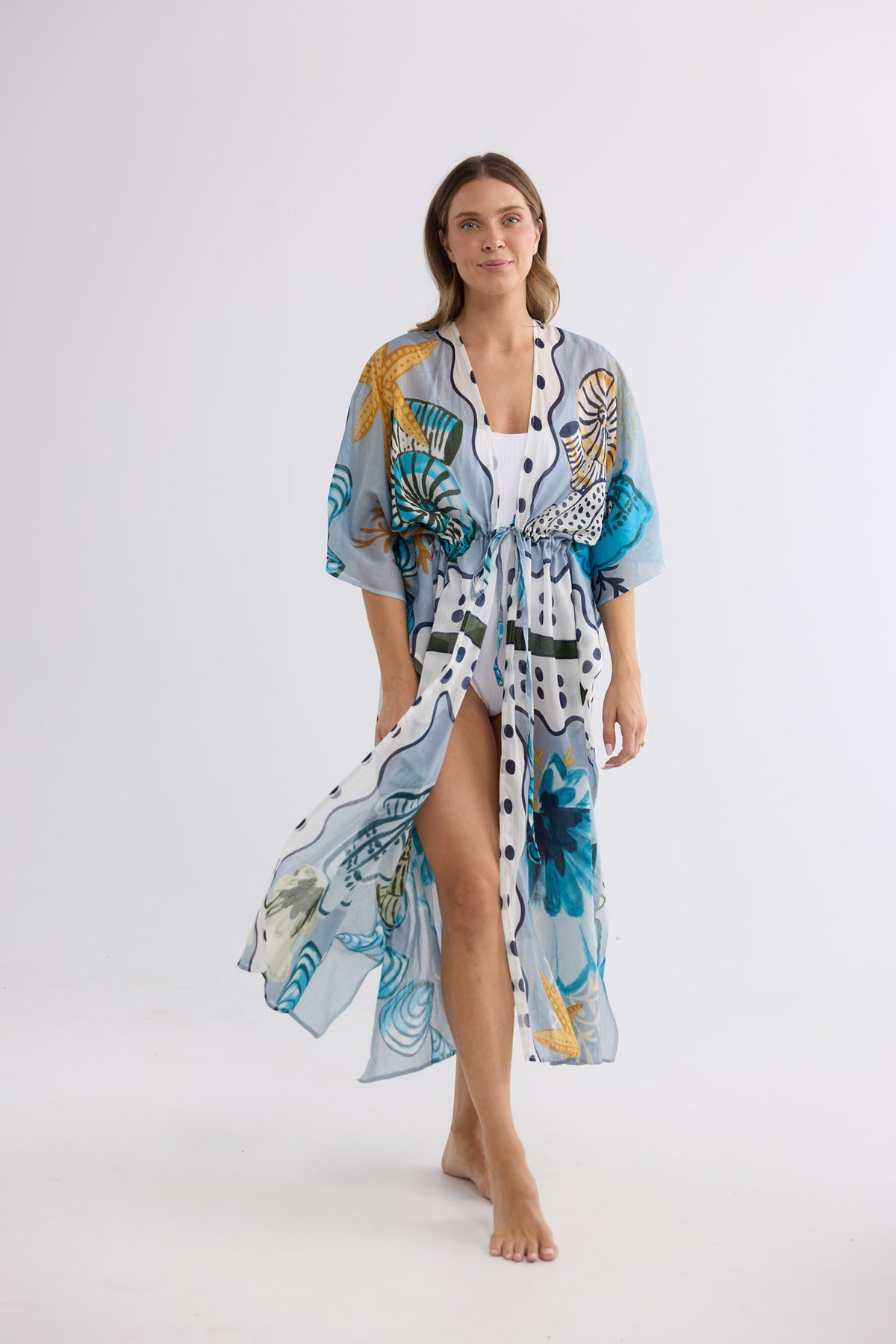 Asta Long Kaftan in Starfish Dreams with an adjustable waist tie.