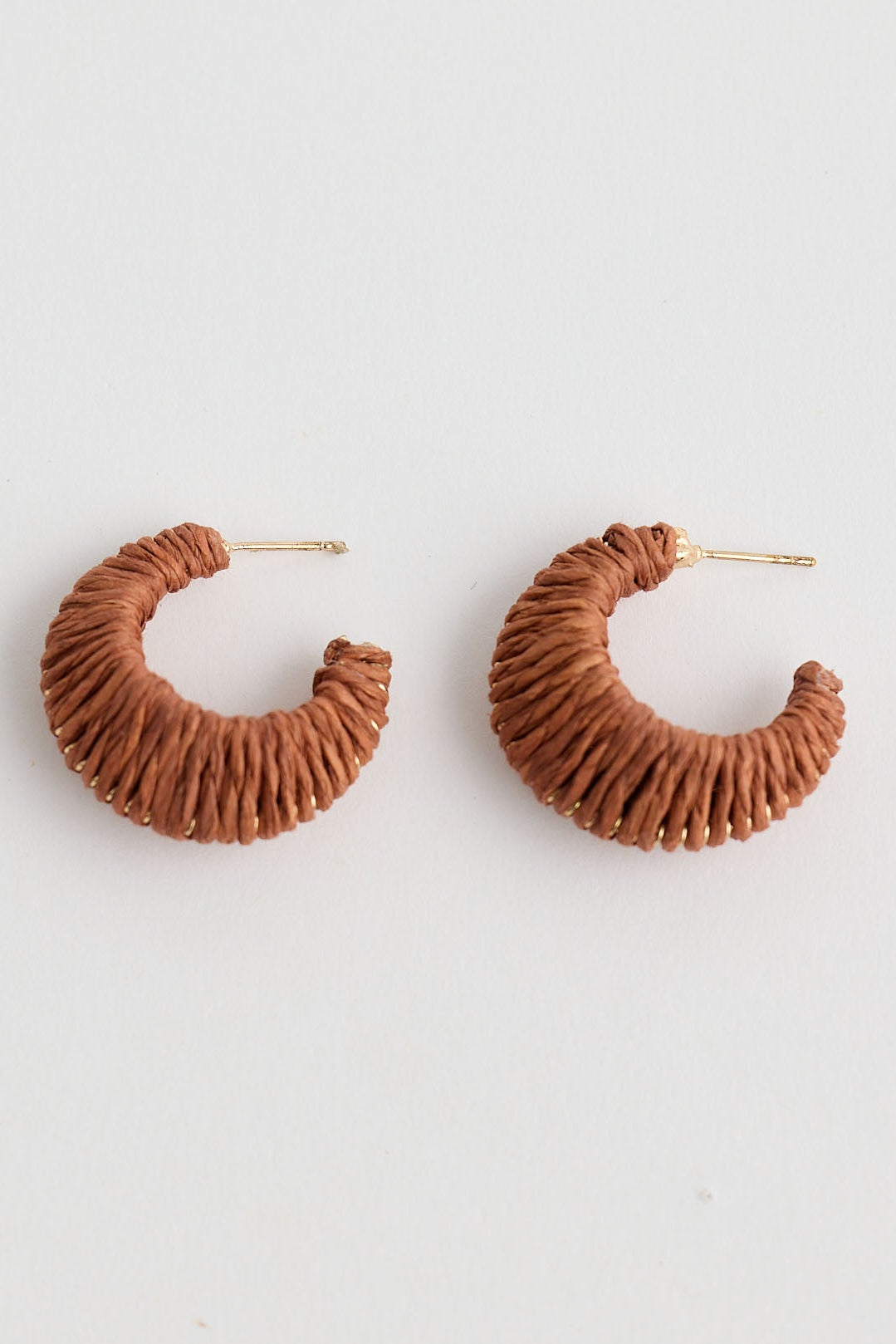 Pair of brown hoop earrings on a light gray background