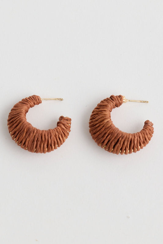 Pair of brown hoop earrings on a light gray background