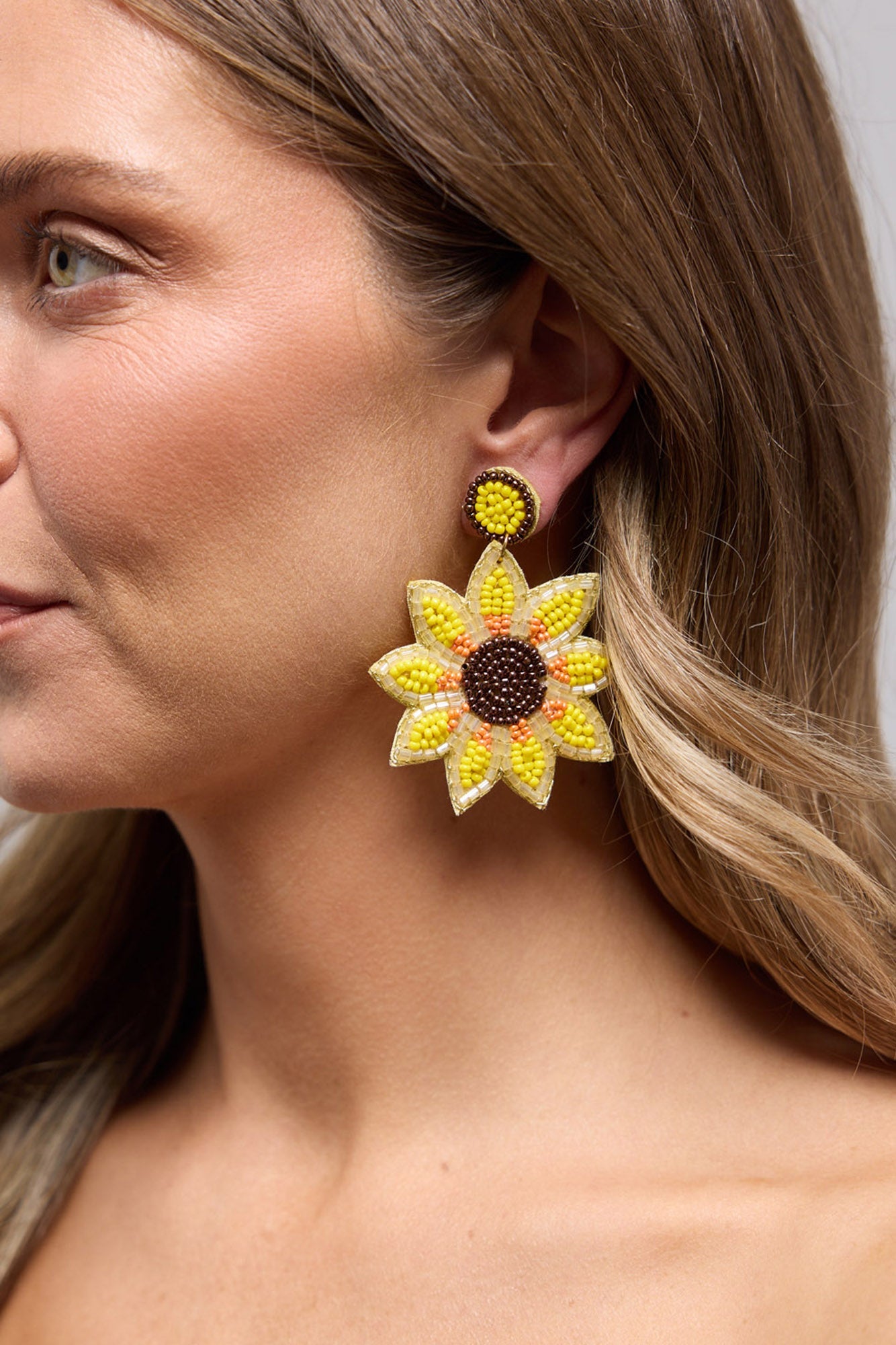 Sunflower Earrings in yellow, front view.