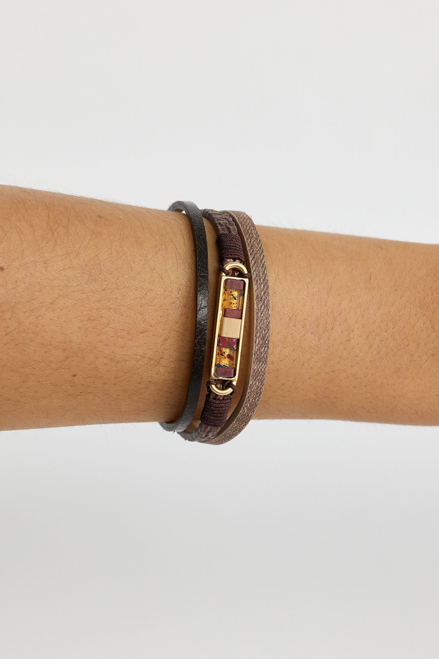 Bracelet on a wrist with a plain background
