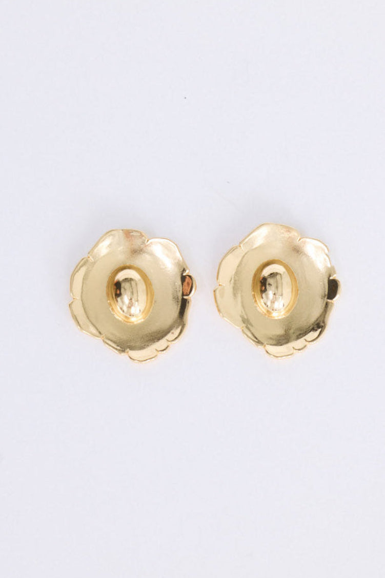Flora Earrings in gold with sculptural floral detailing, front view on white background