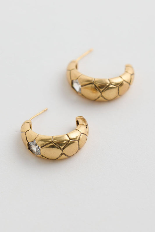 Close-up of gold morgan earrings earrings on white background.