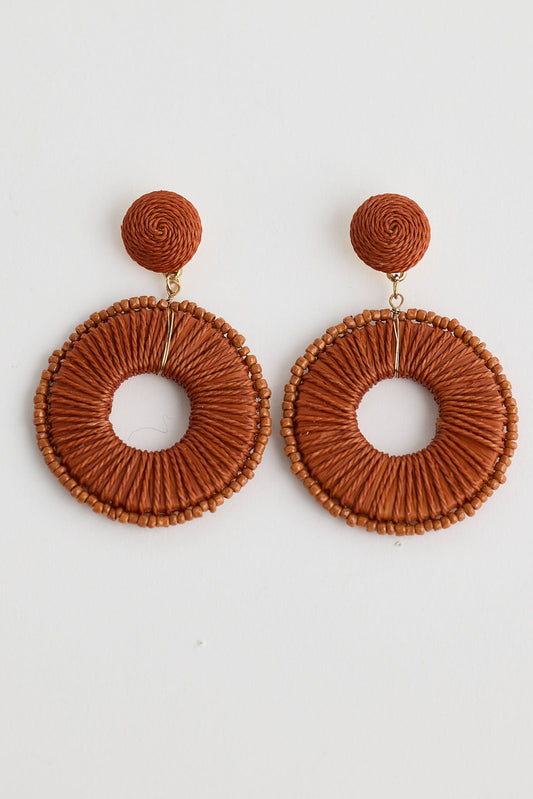 Pair of brown circular earrings on a white background