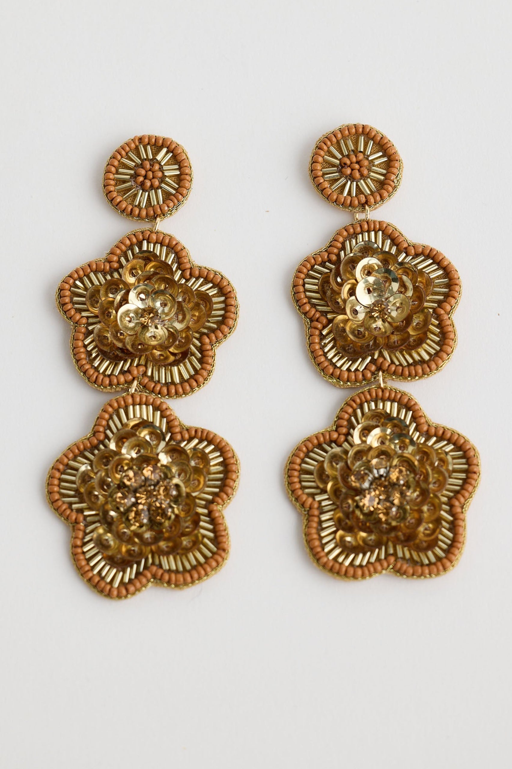 Pair of gold floral earrings on a light gray background