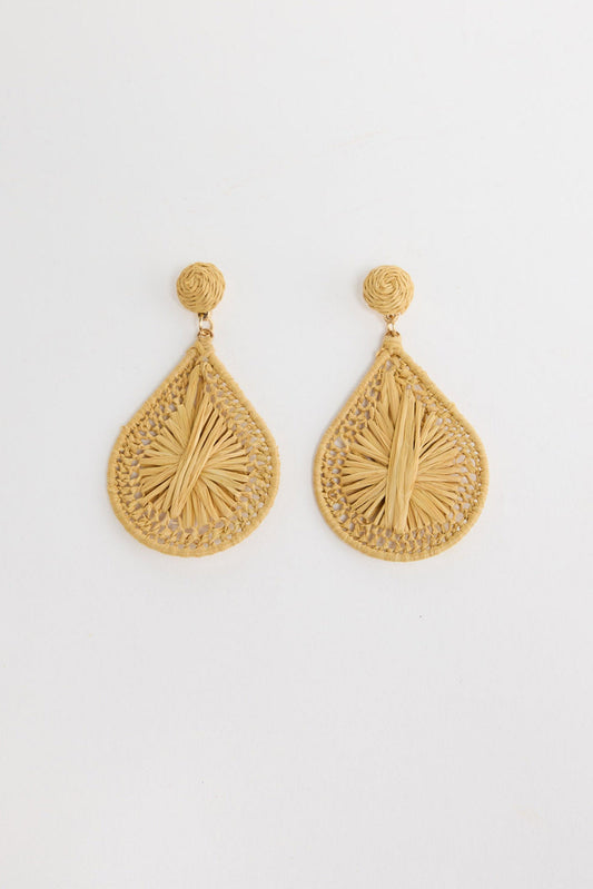 Pair of large teardrop-shaped natural raffia drop earrings with an open lattice weave edge and a sunburst raffia fringe centre, with a round coiled raffia stud, laid flat on a white background